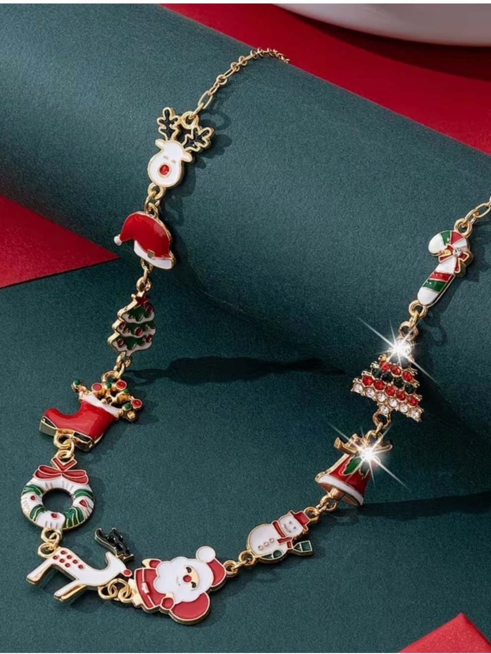 Christmas Holiday Charm Necklace Enamel Rhinestone Gold Tone 16.14in Adjustable